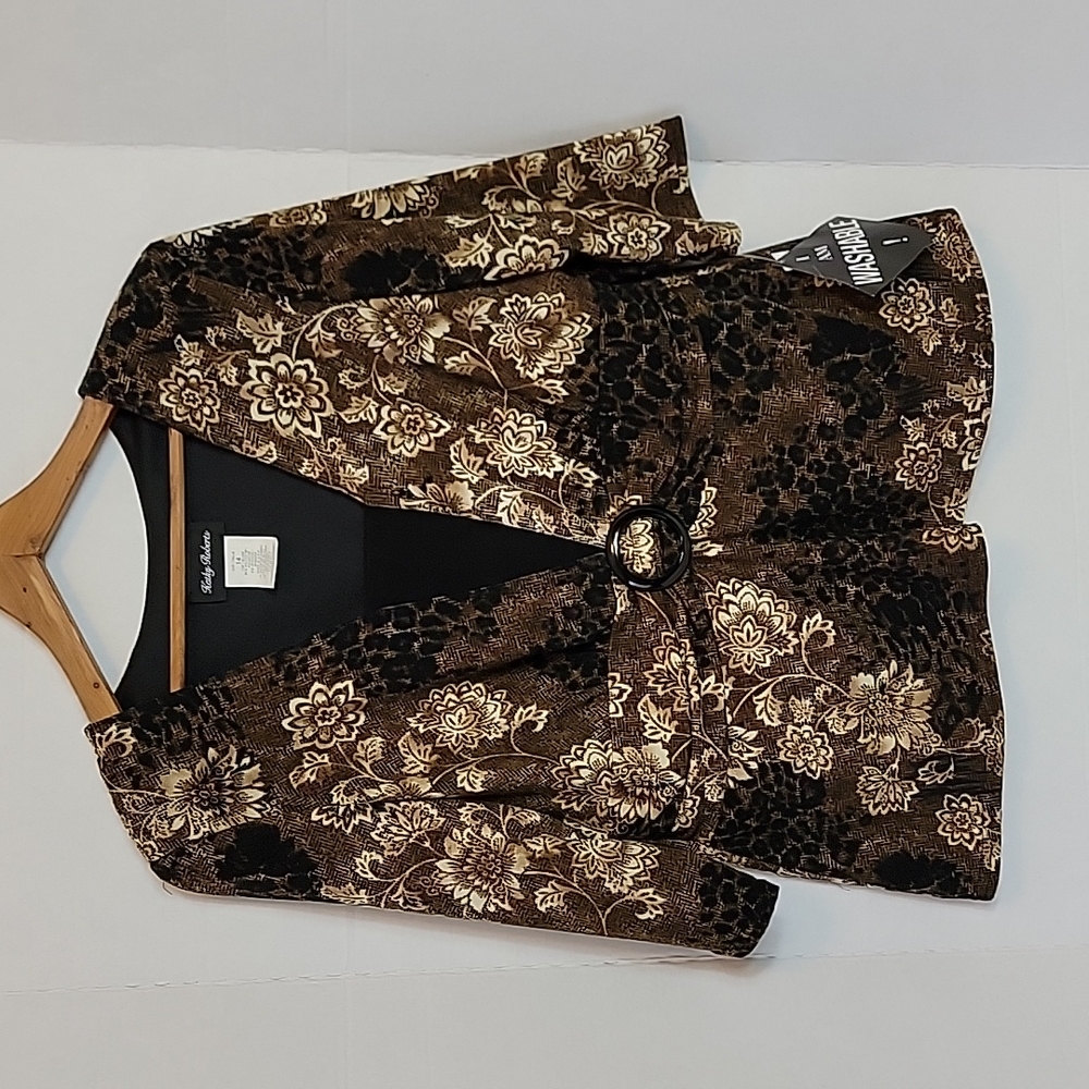 Kathy Roberts Women's Tan Brown Black Floral Short Sleeve Top, 14 NWT